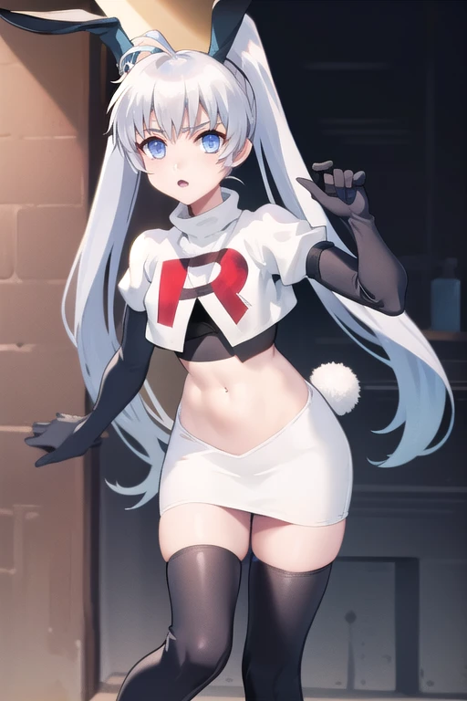 solo, yashiro kasumi, twintails, blue eyes, white hair, fake rabbit ears, team rocket,team rocket uniform,white skirt,red letter...