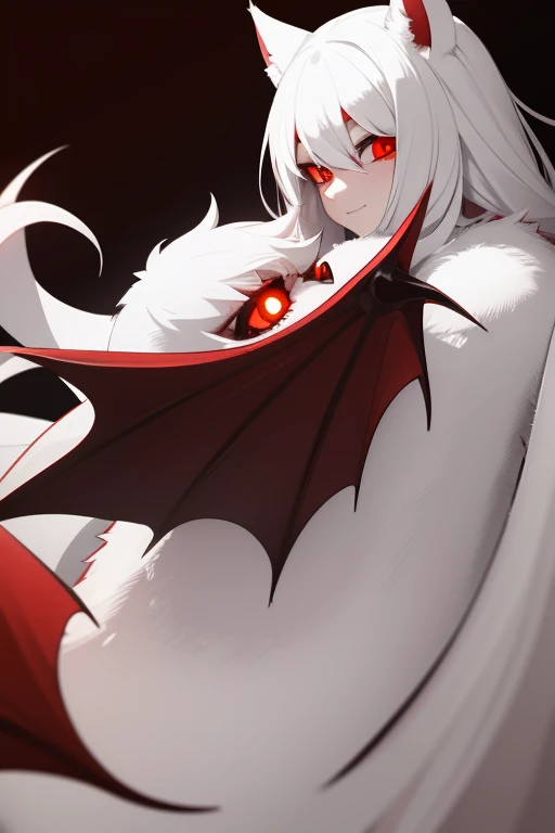 Vampire bat demon with red eyes and white hair and white fur looking directly at viewer white fur night background