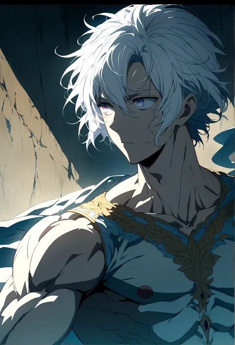 Man Messy white hair, stunning anime panoramic, looking to nothing, expressionless, BLUE high detailed thin eyes, grayard background, high detailed shadow , muscular 