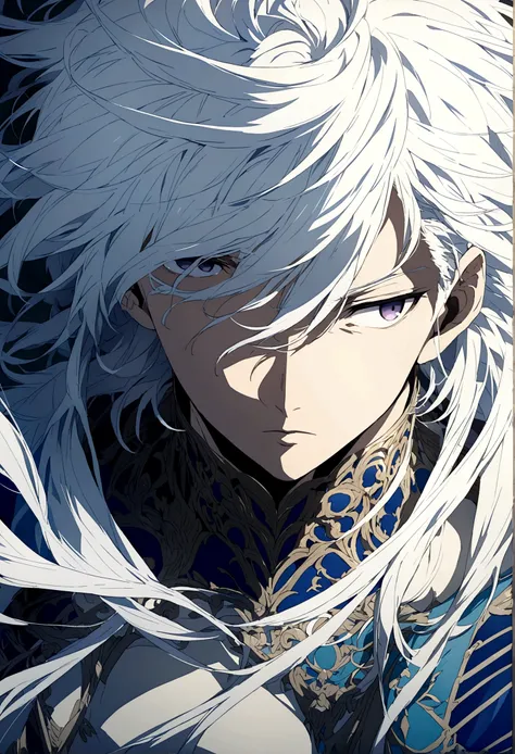 Man Messy white hair, stunning anime panoramic, looking to nothing, expressionless, BLUE high detailed thin eyes, grayard background, high detailed shadow , muscular 