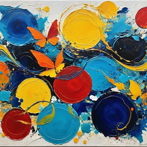 Produce a vibrant and dynamic abstract artwork that explores the interplay of colors and shapes. Emphasize the use of bold and contrasting colors, such as deep blues, fiery reds, and electric yellows. Encourage the generation of fluid and organic shapes th...