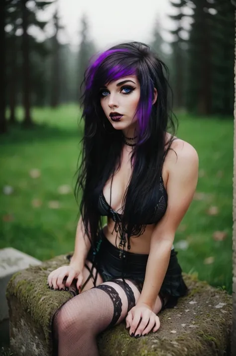 realistic, beautiful girl sitting on the edge of a tombstone in a dark misty wooded overgrown graveyard, looking at the viewer, ...