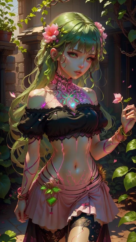 A woman with a pink petal crop top and short skirt, And pink petal bracelets on her wrists and ankles, She has green vines merged with her skin (Green Energy Veins), Alraune, Fantasy Plant species.