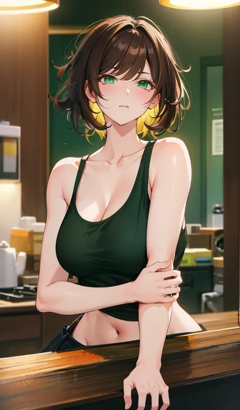 (Wallpaper,8k), (masterpiece, beautiful lighting, vibrant, best Quality), 1  woman Brown haired green eyes, solo, short black hair, Messy hair , tank top, indoor, night