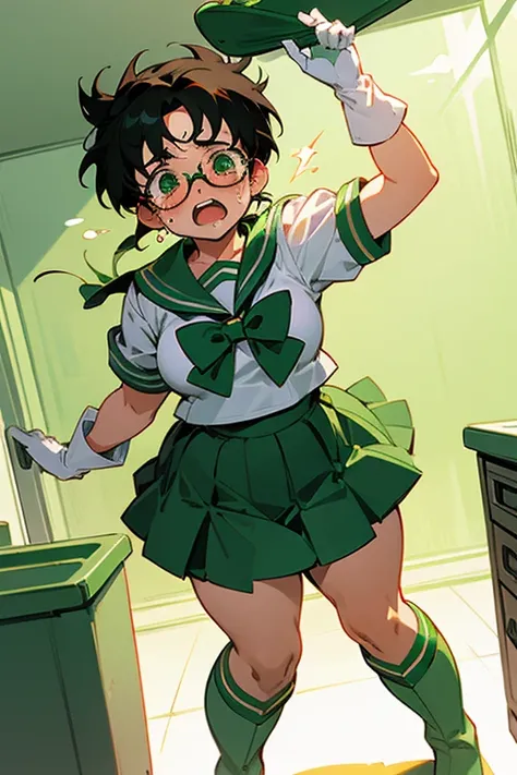 A chubby girl with glasses and black hair, freckles and dressed as Sailor Jupiter, wearing white gloves and green boots, crying in her room as her skirt is lifted up.