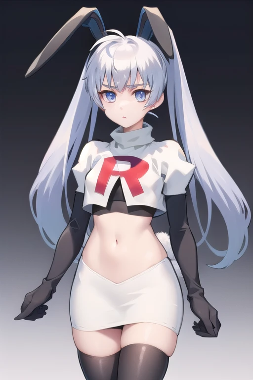 solo, yashiro kasumi, twintails, blue eyes, white hair, fake rabbit ears, team rocket,team rocket uniform,white skirt,red letter...