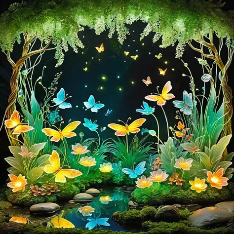 Create a magical forest scene under a canopy of colorful, bioluminescent foliage. Illuminate the forest floor with the soft, reflective glow of these radiant plants. Include whimsical creatures like fireflies to add a touch of enchantment.