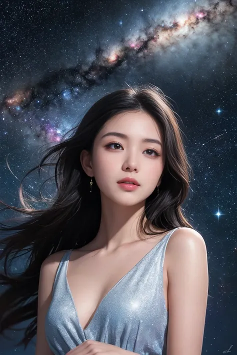 High Detail, Super Detail, Ultra-high resolution, Girl enjoying time in fantasy galaxy, Surrounded by stars, The warm light shines on her, Background is starry sky，There are colorful galaxies and galaxy clouds, Stars flew around her, Delicate face, Add a f...