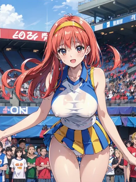 Very cute and beautiful cheerleader girl,(Very exquisite beautiful face and eyes:1.2),(Holding a pom-pom:1.2),(Laugh together),((Big Breasts))、((Sweating all over the body))
(Stadium Stand),Cowboy Shot,Dynamic pose,zettai ryouiki,(Orange sleeveless shirt),...