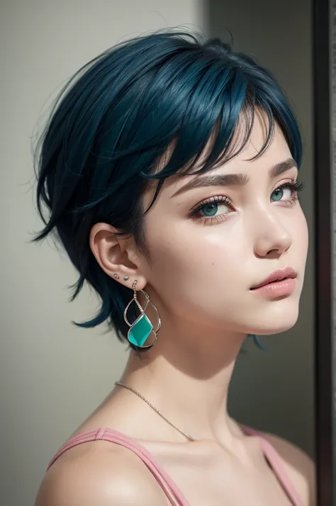 Short blue hair Green eyes Hoop earring Short pink dress Black percata
