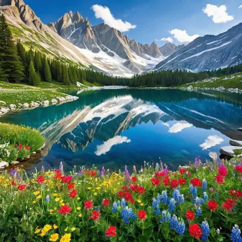 Craft a scene in the heart of the mountains. Capture a pristine alpine lake nestled among towering peaks. Ensure the water mirrors the grandeur of the mountains, reflecting their snowy summits and colorful wildflowers.