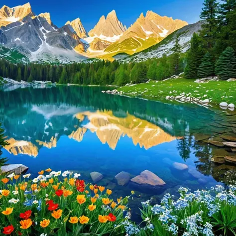 Craft a scene in the heart of the mountains. Capture a pristine alpine lake nestled among towering peaks. Ensure the water mirrors the grandeur of the mountains, reflecting their snowy summits and colorful wildflowers.