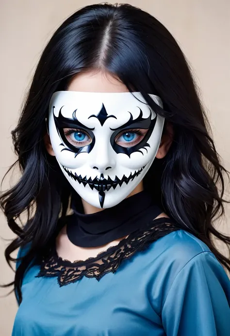 A girl with black hair and blue eyes wearing a scary mask