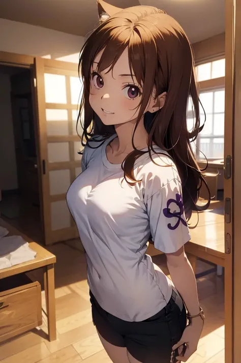 1 female, ONE PIECE STYLE, small kid dog girl, realistic lips oversized white t-shirt going all the way to the thighs, arms crossed propping up breast, hourglass figure, cat ears, in an apartment, sigh, light brown hair, purple eyes, laughing, best quality...