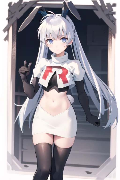 solo, yashiro kasumi, twintails, blue eyes, white hair, fake rabbit ears, team rocket,team rocket uniform,white skirt,red letter...