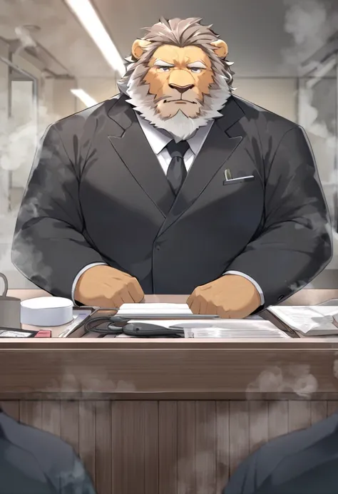 lion，personification，Mature male，Strong Man，Beard，Cold expression，Gray pupils，Brown eyebrows，Black suit suit，The Age of Steam，Hospital Office。