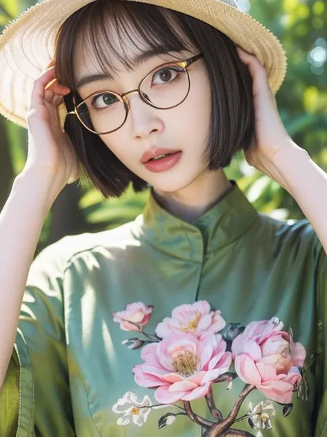 (RAW Photos, Highest quality), (Glasses), masterpiece, nature光, 1 Girl, nature, Female Model, Bobcut, garden, Lush, hat, sunlight, Natural Makeup, Relaxed facial expression, flower, Sunlight filtering through the trees, natureの中のベンチ, head shot