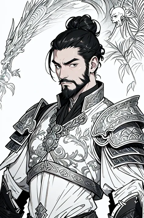 (masterpiece)，(Very detailed)，(Very detailed)，(best quality), lineart, one asian man, ((portrait)) tall, armor, ((black bun hair)), visage marqué par lexpérience. black eyes, barbe très courte soigneusement taillée. warrior fantasy, beautiful face, animate...