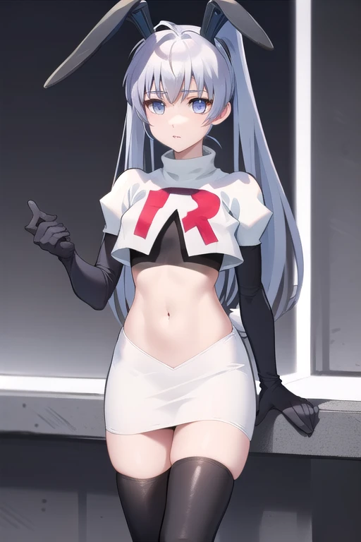 solo, yashiro kasumi, twintails, blue eyes, white hair, fake rabbit ears, team rocket,team rocket uniform,white skirt,red letter...