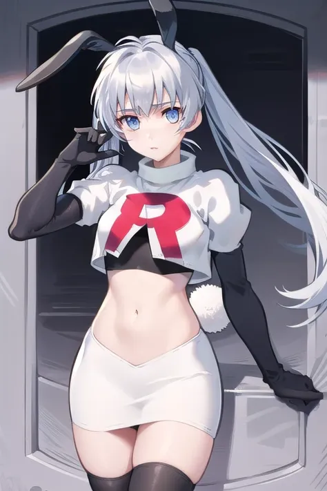 solo, yashiro kasumi, twintails, blue eyes, white hair, fake rabbit ears, team rocket,team rocket uniform,white skirt,red letter...