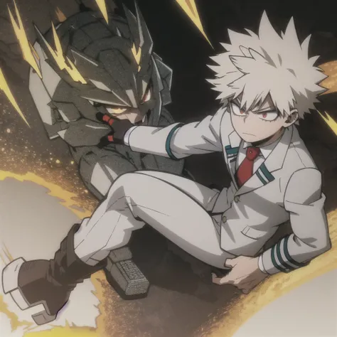 1 boy, muscular body, short spiky hair, white hair, red eyes, frown, gray jacket, red tie, white shirt, teal pants, boots