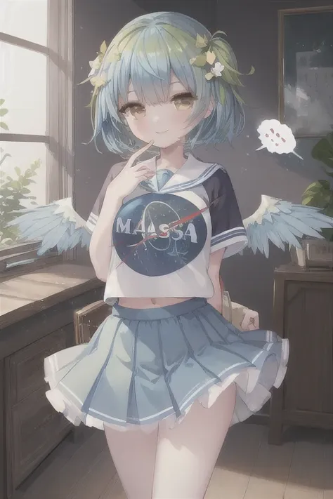 (masterpiece, Best quality:1.2), One, 1 girl, Earth-chan, smile, Looking at the viewer, hands behind your back, , seraphim, Blue skirt 