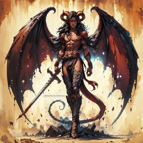 buff, larger build, male red skinned tiefling savage sitting down trying to read a childrens book, long black hair, black horns,...