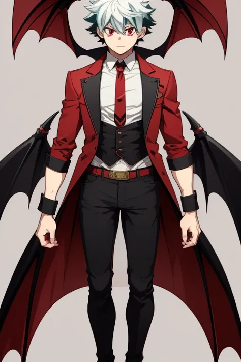 Izuku Midoriya character sheet from My Hero Academia, Vampire, incubus, red eyes and white hair, bat wings, black clothes, black steampunk pants, red shirt, black vest, pale skin. Looking directly at the viewer