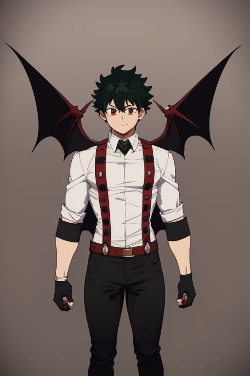 Izuku Midoriya character sheet from My Hero Academia, Vampire, incubus, red eyes and white hair, bat wings, black clothes, black steampunk pants, red shirt, black vest, pale skin. Looking directly at the viewer