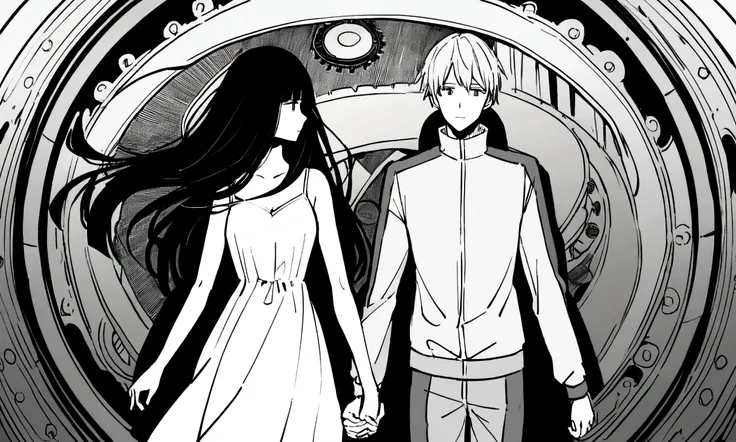 black and white drawing, giant clockwork background, 26-year-old male on the left 1, black neat hair, a lonely face, wearing gray tracksuit, Beautiful woman on the right 1, long straight hair, wearing a white dress, Walk affectionately, hold hands and walk...