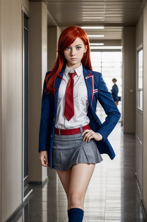 Shot of boku no hero academia beautiful girl has red hair with blue highlights her eyes are red and yellow costume gray uniform with red tie standing in the school hallway looking at the camera 
