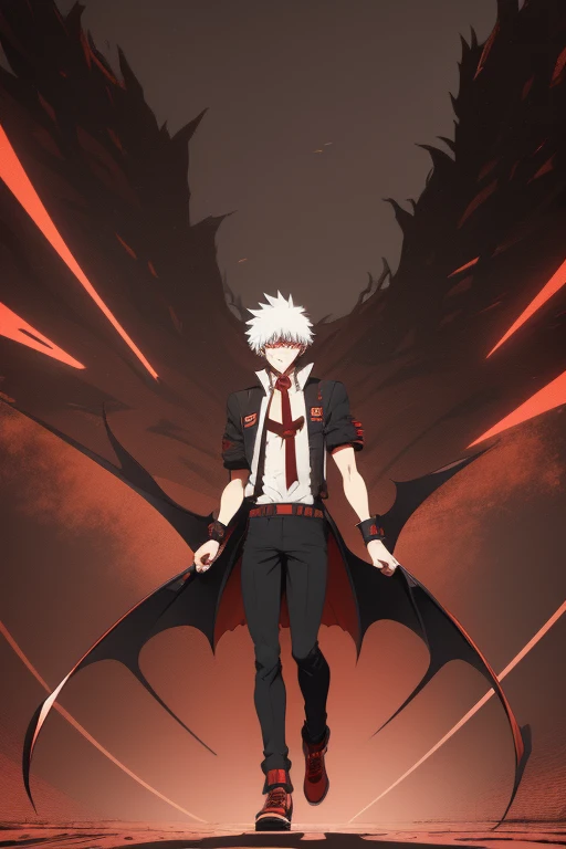 Katsuki Bakugo from My Hero Academia, Vampire, incubus, red eyes and white hair, bat wings, black clothes, black steampunk pants, red shirt, black vest, pale skin. Looking straight at the viewer