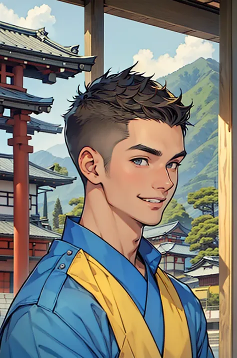 ((artwork)), ((masterpiece)), 4k, very detailed face, 1 boy, buzzcut hair, japanese ethnicity, 18-year-old face, tall, wears blu...