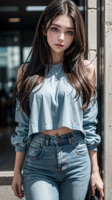 A highly realistic portrait of a stunning 20-year-old brunette influencer with striking blue eyes. She is posing confidently, wearing trendy, fashionable clothes that include a designer top and skinny jeans. Her long, wavy dark hair cascades naturally down...