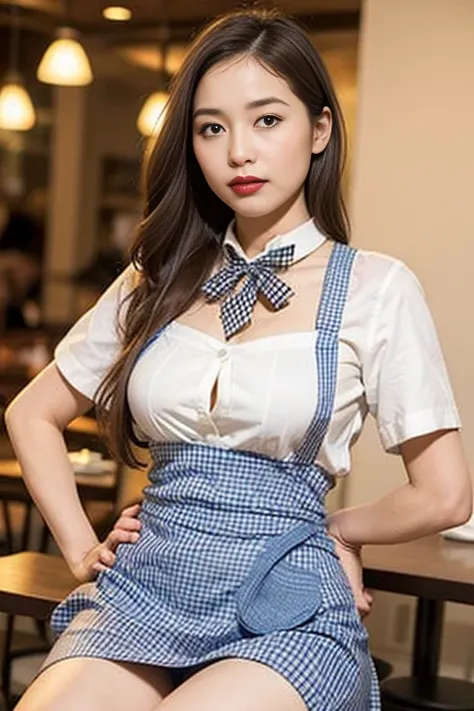 ooki masterpiece、Highest quality、Ultra-high resolution、(Photorealistic:1.6)、1 girl、(Long Hair:1.5)、(round face:1.3)、(Gingham check suspender apron:1.3)、(Plain blue high waist skirt:1.3)、(Apron skirt:1.2)、(White blouse:1.3)、(Double-breasted、Underbust:1.2)、S...