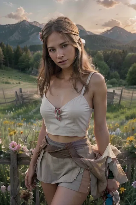 close-up, a western scene, a beautiful blonde woman alone standing next to a divided fence in a flower-filled meadow in the sawt...