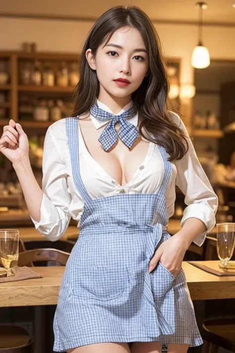 ooki masterpiece、Highest quality、Ultra-high resolution、(Photorealistic:1.6)、1 girl、(Long Hair:1.5)、(round face:1.3)、(Gingham check suspender apron:1.3)、(Plain blue high waist skirt:1.3)、(Apron skirt:1.2)、(White blouse:1.3)、(Double-breasted、Underbust:1.2)、S...