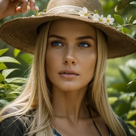 Hyper-realistic action scene in which a beautiful blonde woman closely examines the flora and fauna of America. "Add extremely precise details to plants, Animales, and the expression of astonishment on Columbus face, 8k, CinematicLight, foto realista, Rend...