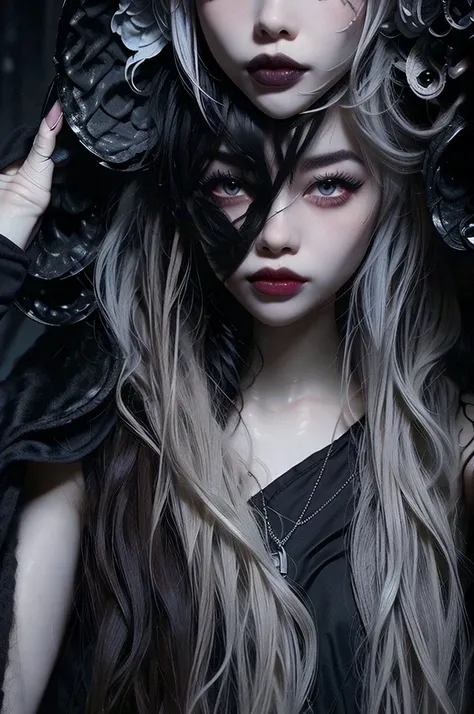 ((best quality)), ((masterpiece)), (detailed), 1girl, solo, beautiful, gothic, witch, gloomy, Asian woman, mature, black clothing, hooded black robe, modest clothing, hood up, goddess of death, blank expression, stoic expression, serious expression, split ...