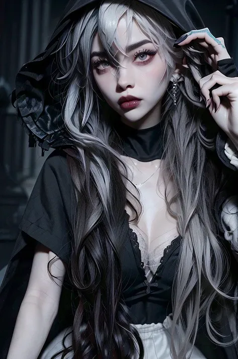 ((best quality)), ((masterpiece)), (detailed), 1girl, solo, beautiful, gothic, witch, gloomy, asian woman, mature, black clothin...