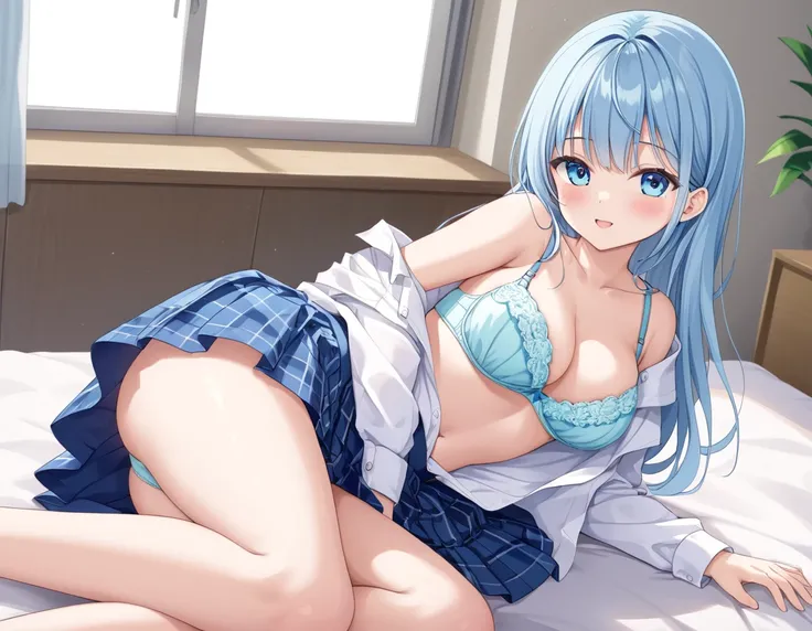 A cute white shirt that makes her look beautiful 、Unbuttoned white shirt、Blue 3/4 Cup Bra、Light blue frilled flared skirt、She holds up her skirt with both hands、She&#39;s showing off her cute white string underwear.、The white underwear you can see when you...