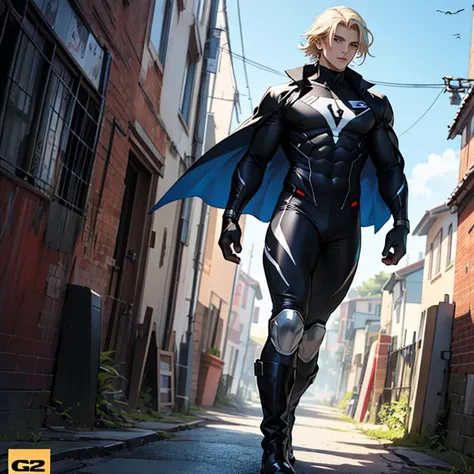 ((masterpiece)), (((best quality))), superhero, 1 male, pale white skin, light blonde hair, medium hair, straight hair, handsome man, detailed background of a city, blue eyes, earrings, tight black and white supersuit, cape, tall boots, detailed face, full...