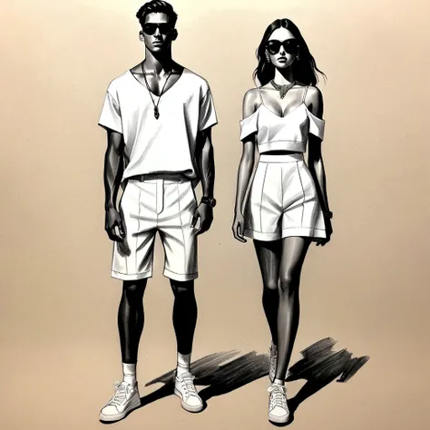 candid fashion illustration of young man and woman, both aged 20 year old, ((showcase fashion in a white cotton-rayon outfits)),...