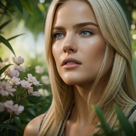 Hyper-realistic action scene in which a beautiful blonde woman closely examines the flora and fauna of America. expression of astonishment on her face, 8k, CinematicLight, Photo realistic, Octane render, centered, masterpiece, 35mm,