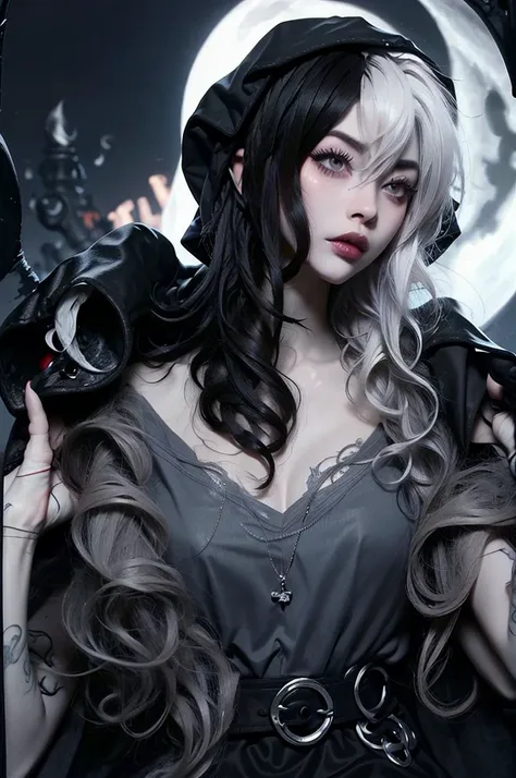 ((best quality)), ((masterpiece)), (detailed), 1girl, solo, beautiful, gothic, witch, gloomy, asian woman, mature woman, black c...