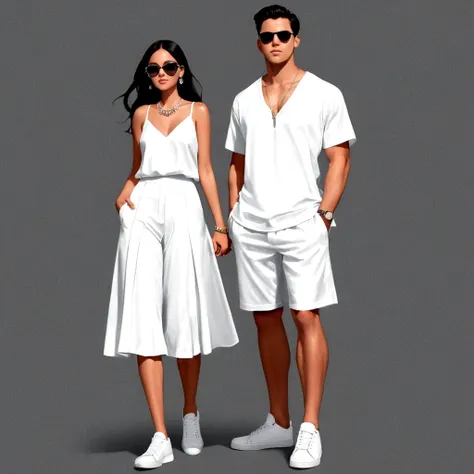 candid fashion illustration of young man and woman, both aged 20 year old, ((showcase fashion in a white cotton-rayon outfits)),...