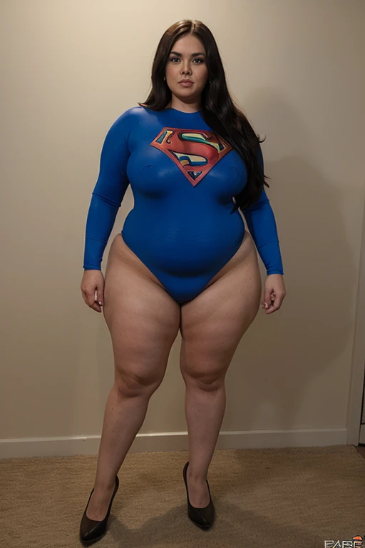 bbw superheroine is standing and paralyzed in front, full body, bbw