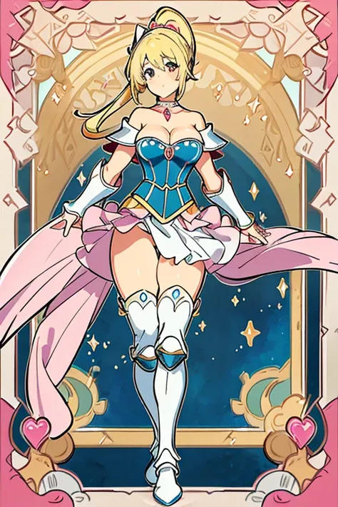 ((masterpiece、Highest quality、8K))、One beautiful woman、whole body、Are standing、female knight、Magical girl、Pink and beige、Pelvic Curtain、ponytail、Large Breasts、Cleavage、Muscular、corset、Thick arms、Thighs、Shin pads、Shoulder rest