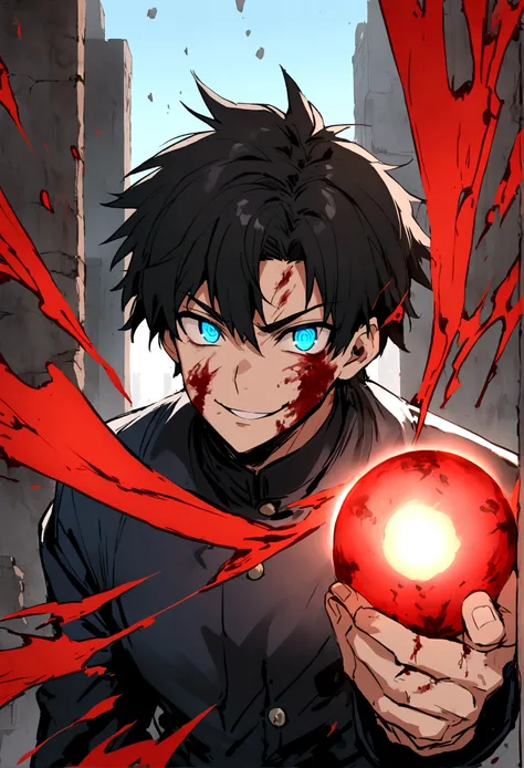 Anime teenager boy who has Black hair with glowing blue eyes that looks like gojos eyes wearing Jujutsu high uniform charging red glowing ball as he forms a gun hand sign while smirking  with his mouth opened as his eyes glowing blue and wide opened looks ...