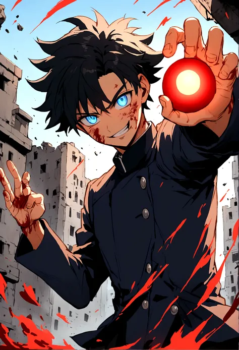 Anime teenager boy who has Black hair with glowing blue eyes that looks like gojos eyes wearing Jujutsu high uniform charging red glowing ball as he forms a gun hand sign while smirking  with his mouth opened as his eyes glowing blue and wide opened looks ...